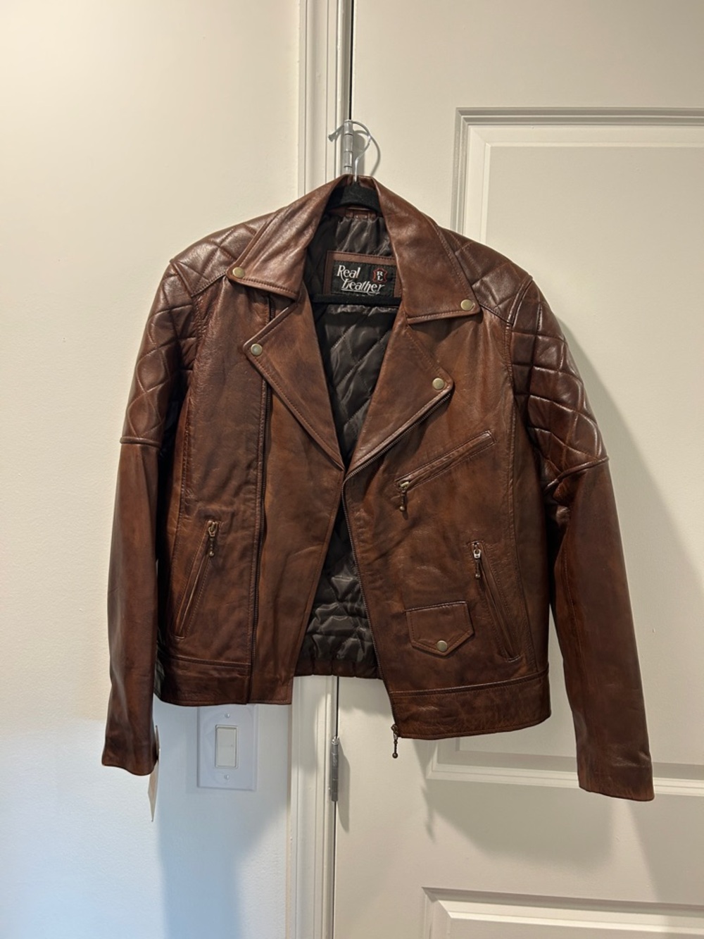Real Leather Women's Brown Quilted-Shoulder Moto Jacket